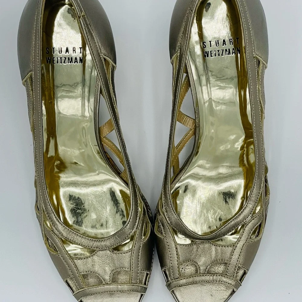 Stuart Weitzman Metallic Taupe Peep-Toe Wedge Shoes